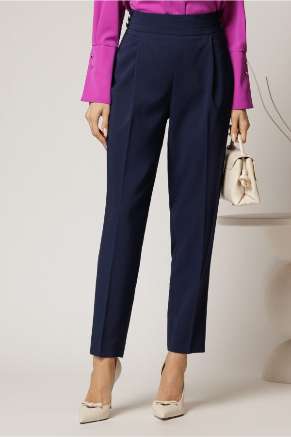Pantaloni lungi bleumarin croi conic si nasturi pe talie