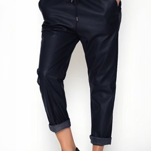 Pantaloni lungi bleumarin din piele ecologica cu snur in talie