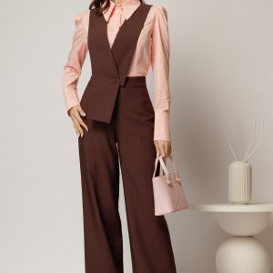 Pantaloni maro evazati cu bretele detasabile