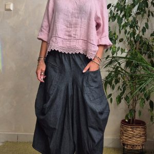 Pantaloni oversize gri denim cu croiala ampla si buzunare