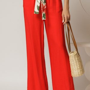 Pantaloni rosii din viscoza cu croi lejer si cordon cu print
