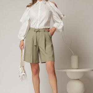 Pantaloni scurti kaki din tencel cu cordon in talie