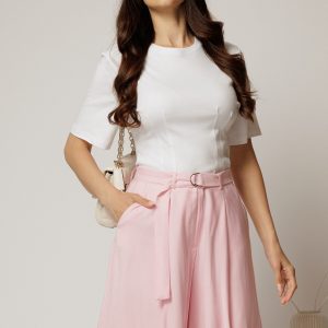 Pantaloni scurti roz din tencel cu cordon in talie