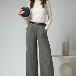 Pantaloni smart casual din stofa gri cu strasuri si curea in talie