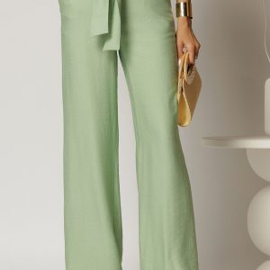 Pantaloni verde fistic din rayon cu croi lejer si cordon in talie