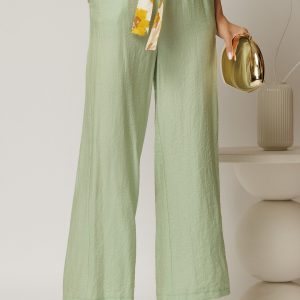 Pantaloni verde fistic din viscoza cu croi lejer si cordon cu print