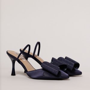 Pantofi bleumarin din material satinat cu funda maxi stralucitoare