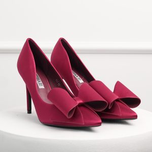 Pantofi bordo din material satinat cu funda maxi pe varf