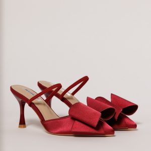 Pantofi burgundy eleganti din satin cu funda maxi
