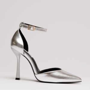 Pantofi eleganti argintii din piele ecologica cu bareta