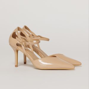Pantofi eleganti bej aspect lucios cu bareta si decupaj lateral