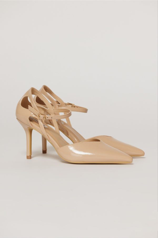 Pantofi eleganti bej aspect lucios cu bareta si decupaj lateral