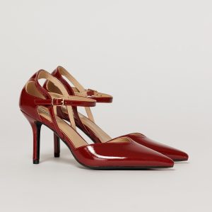 Pantofi eleganti bordo aspect lucios cu bareta si decupaj lateral