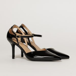 Pantofi eleganti negri aspect lucios cu bareta si decupaj lateral