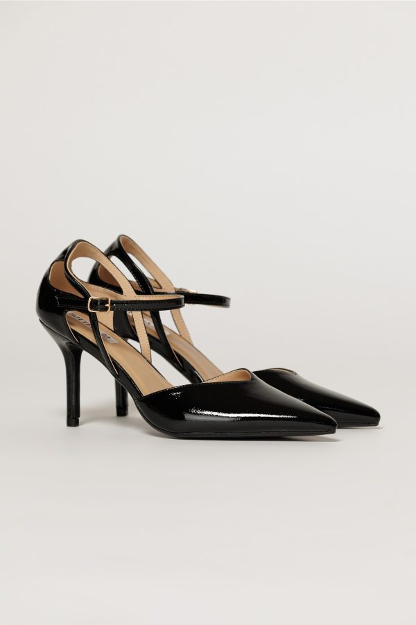 Pantofi eleganti negri aspect lucios cu bareta si decupaj lateral