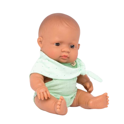 Papusa bebelus educativa 21 cm, Baiat hispanic in compleu verde, corp parfumat