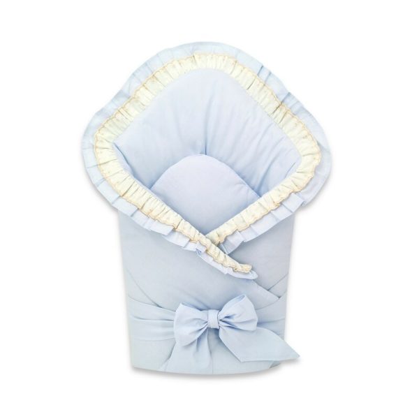 Paturica de infasat, MimiNu, Cu volanase si dantela, Cu multiple utilizari, Cu inchidere cu panglica, Dimensiune 75x75 cm, Din bumbac certificat Oeko Tex Standard 100, Blue