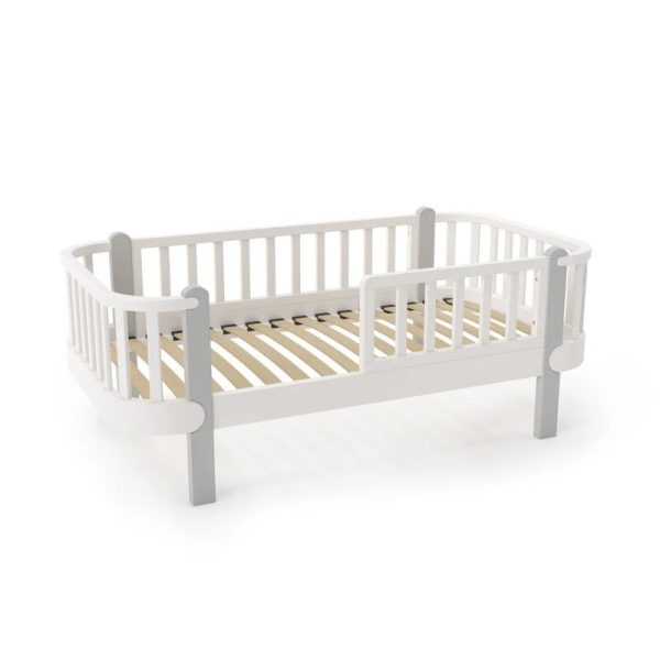 Patut din lemn junior, 160x80 cm, Cu bariera de protectie, Din lemn de fag, Gri, YappyKids, YappyEtude