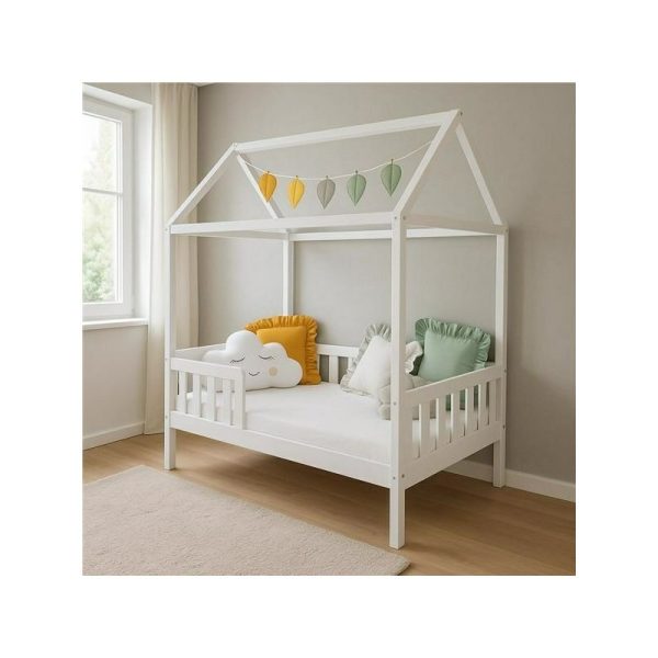 Patut tip casuta din lemn junior, 160x80 cm, Pana la 70 Kg, Cu bariera de protectie, Conform cu EN 716-1:2008, EN 716-2:2008, New Baby, Castello, White