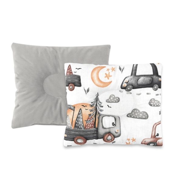 Perna bebelus, MimiNu, Profilata, Cu doua fete, Cu functie anti-soc, Pufoasa, Din catifea si bumbac, Materiale certificate Oeko Tex Standard 100, 23x26 cm, Velvet Cars Grey