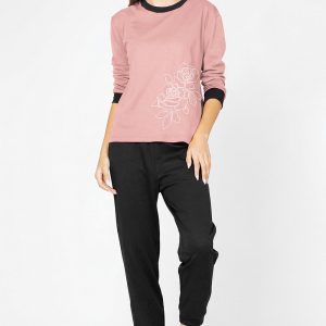 Pijama din tricot de bumbac, doua piese cu floare, roz prafuit - negru