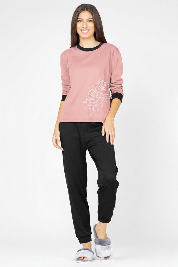 Pijama din tricot de bumbac, doua piese cu floare, roz prafuit - negru