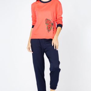 Pijama din tricot plin,de bumbac,doua piese cu fluture, corai - negru