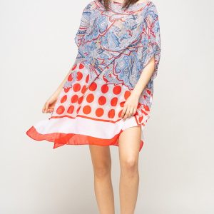 Rochie de plaja tip poncho cu motive florale si buline rosii, vascoza