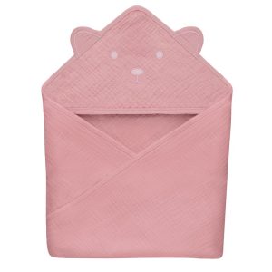 Prosop de baie, Lionelo, Cu gluga, Din muselina, 100% bumbac, 80x80 cm, Absorbtie eficienta, Roz