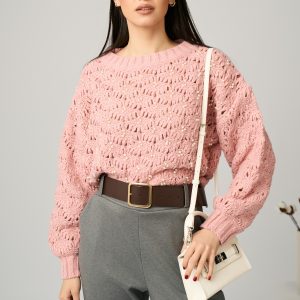 Pulover casual din tricot roz cu perle