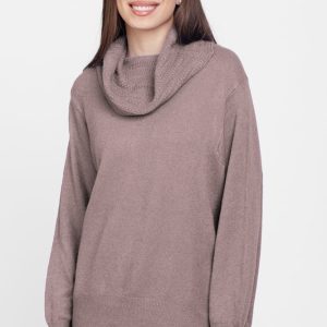 Pulover cu guler inalt elegant, din vascoza si lana, bej inchis