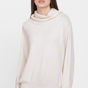 Pulover cu guler inalt elegant, din vascoza si lana, ivoriu
