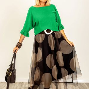 Pulover cu maneci scurte si volane la mansete din vascoza, verde