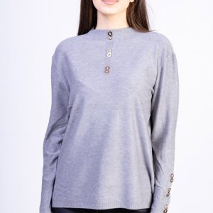 Pulover cu nasturei aurii pe decolteu si la maneci, gri