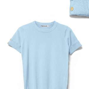 Pulover la baza gatului, cu maneca scurta si nasturei metalici, bleu