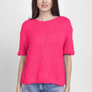 Pulover pufos cu maneca scurta, cu mohair si lana, fucsia