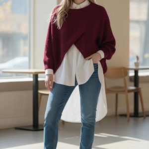 Pulover tip poncho petrecut asimetric, cu lana, bordo