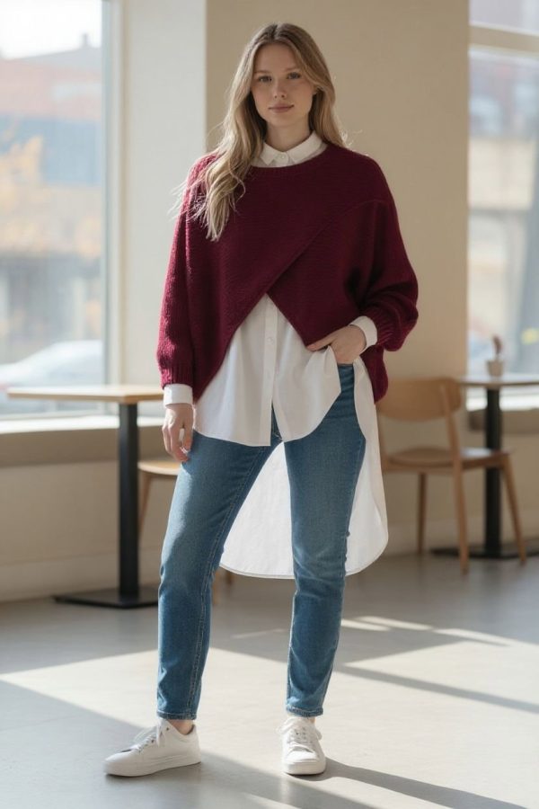 Pulover tip poncho petrecut asimetric, cu lana, bordo