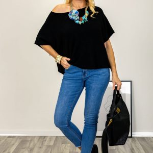Pulover versatil cu maneca fluture din vascoza, negru
