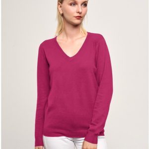 Puloveras cu decolteu in V, din tricotaj fin, fucsia