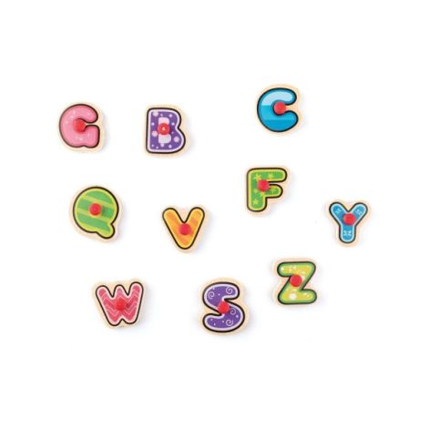 Puzzle din lemn cu butoni - Alfabet cu stampile si tusiera
