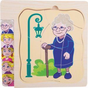 Puzzle in 5 straturi, Etapele vietii de la fetita la bunica, din lemn
