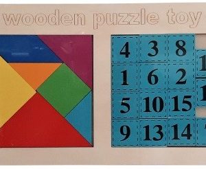 Puzzle lemn educativ numere si tangram,30x17.4x0.8cm