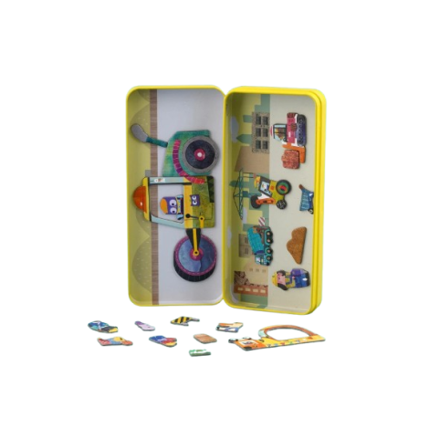 Puzzle magnetic in cutie metalica, joc de potrivire si asociere - Camioane