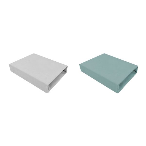Set 2 cearceafuri cu elastic, Qmini, Pentru patut leagan sau patut co-sleeper, 90x40 cm, Din bumbac, Material certificat Oeko Tex Standard 100, Grey and Dark Mint