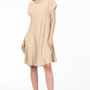 Rochie  A line  bej din in mercerizat si vascoza