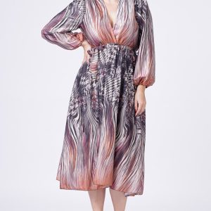 Rochie eleganta cu bust petrecut si imprimeu predominant negru-aramiu