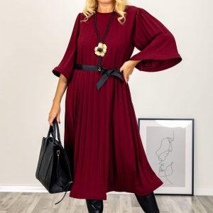 Rochie A-line rosie, plisata cu maneca clopot si cordon