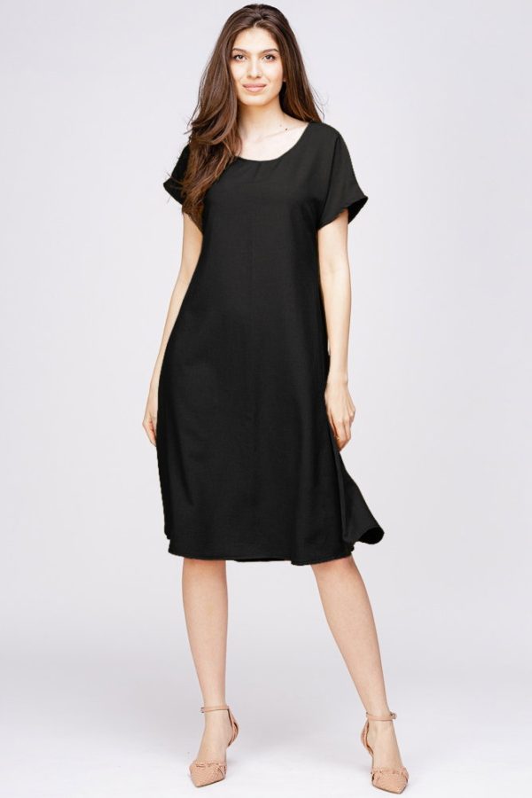 Rochie  A line  din in mercerizat si vascoza neagra