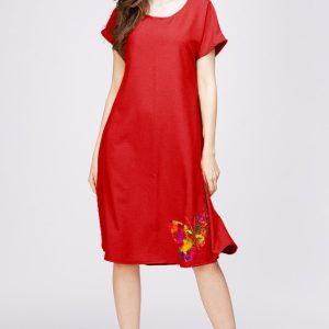 Rochie  A line  din in mercerizat si vascoza rosie, cu imprimeu fluture stilizat